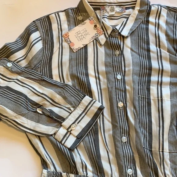 PINK ROSE black natural long sleeve shirtdress summer neutral pinstripe - Picture 6 of 13